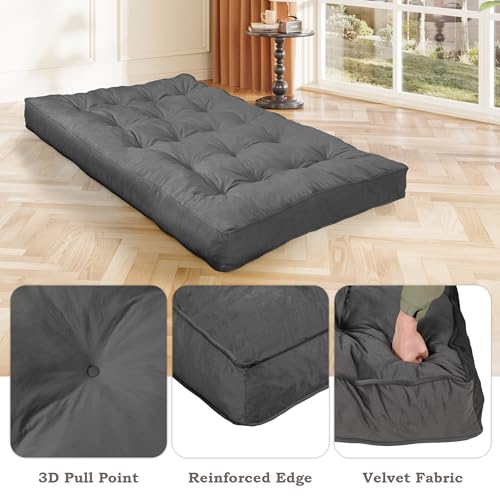 DHMAKER 8-inch Futon Mattress Queen Size, Thick Futon Sofa Couch Bed Foldable Floor Sleeping Pad for Adults, Portable Floor Bed Mattress, Velvet Tatami Mat (Frame Not Included), Deep Grey, 60"x80" DHMAKER
