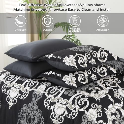 Mybedsoul King Size comforter set, 7 Pieces Boho Bed in a Bag for King Bed, Black Damask Comforter Set with Sheet, Pillowcases & Shams, Soft Microfiber Lightweight Bedding Set for All Season(90"x104") Mybedsoul