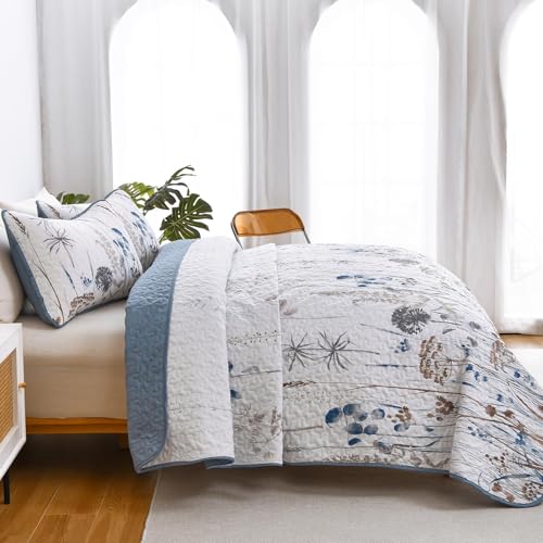 Dobuyly Blue Quilt California King Size Floral Botanical King Quilt Bedding Set 3 Pieces Soft Lightweight Microfiber Flower Bedspread Coverlet Set for All Season, 112"x96" Dobuyly