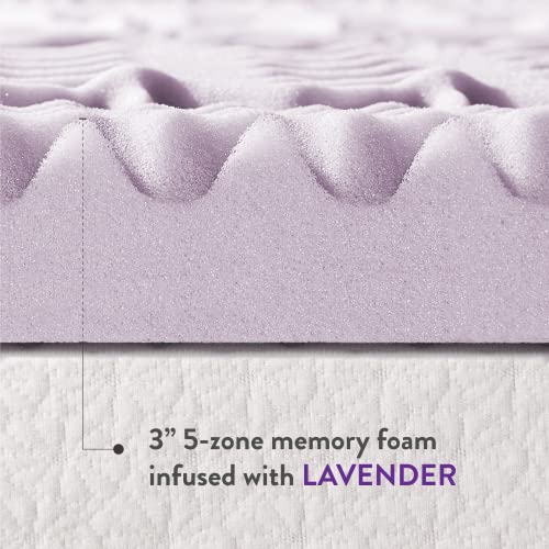 Mellow 3 Inch 5-Zone Memory Foam Mattress Topper, Soothing Lavender Infusion, Dorm Essentials, Twin Mellow