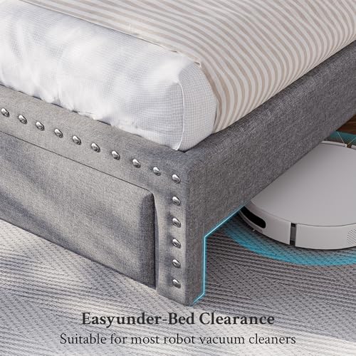EnHomee King Size Bed Frame with 2 Metal Storage Drawers, Vertical Tufted Upholstered King Platform Bed with Headboard Shelf, 1000lbs Heavy Duty, No Box Spring Needed,Easy Assembly,Grey EnHomee