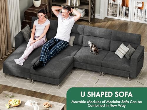 YESHOMY Convertible Sectional Sofa Modular Couch with Upholstered Chair and Moveable Ottoman, L-Shaped, 6 Seats, for Living Room, Dark Grey YESHOMY