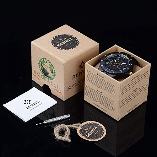 BEWELL Wood Watches for Men, Vintage Mens Wrist Watches with Calendar Luminous Hands Wooden Strap (Black Sandalwood) BEWELL