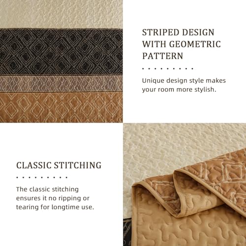 Cottolester Fall Quilt Set Queen Size 3 Pieces,Brown Striped Bedspread,Boho Plaid Bedding Set Soft Microfiber Quilt with 2 Pillow Shams 96"x90" Cottolester