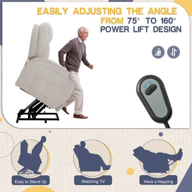 Electric Power Lift Recliner Chair with Massage for Elderly Corduroy Fabric Recliner Single Sofa with Cup Holders, Side Pockets and Remote Control for Living Room Bedroom (White) Furmax