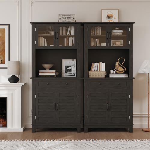 IDEALHOUSE 72" in Tall Kitchen Pantry Storage Cabinet, Elegant Pantry Hutch Bar Cabinet with Microwave Stand & Drawers, Glass Doors for Dining Room, Kitchen, Living Room (Black & 32 Inches Wide) IDEALHOUSE