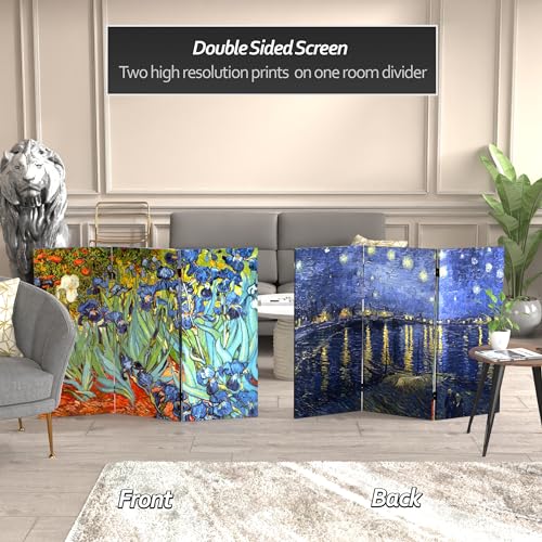 Red Lantern 3 ft. Short Double Sided Works of Van Gogh Canvas Folding Screen Irises/Starry Night Over Rhone 3 Panel Freestanding Partition and Separator for Modern and Contemporary Bedroom Home Office Red Lantern