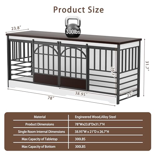 COZPAW 78 Inch Double Dog Crate Furniture, Extra Large Dog Kennel Indoor for 2 Dogs, Heavy Duty Dog Cage with Divider, Wooden Dog House Decorative Table TV Stand for XLarge Dogs (White&Brown) COZPAW