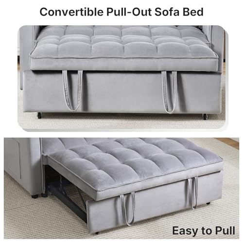Rovibek 3 in 1 Sleeper Sofa Bed, 53'' Pull Out Couch Convertible Futon Loveseat with Adjustable Backrest, Velvet Sleeper Chaise Lounge Futon for Apartment Office Small Space, Grey Rovibek