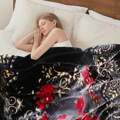 JML Soft Fleece Blanket King Size, Heavy Korean Blanket, 85x95 Inches- 9 Lbs, Single Ply, Fluffy Thick Warm Breathable Home Decor, Cozy Fuzzy Winter Bedding, Floral Embossing Pattern, Flower JML