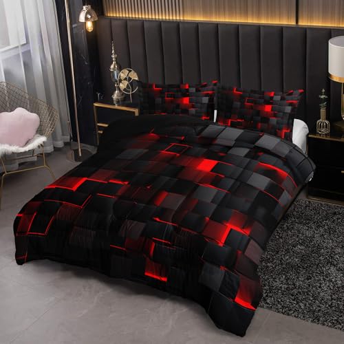 Nttopship Neon Red Black Comforter Set Twin Geometric Kids Bedding Set,3 PCS Geometry Honeycomb Bed Set Modern Quilt Set 1 Comforter 2 Pillow Cases Cool Room Decor All Season B-Side Black Nttopship
