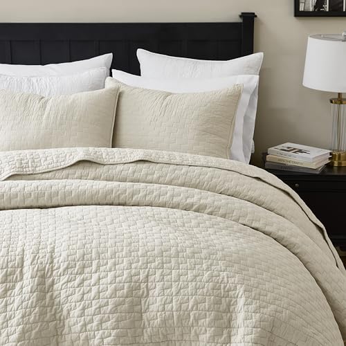 palassio Beige 100% Cotton Quilt Queen Size Bedding Sets with 2 Pillow Shams, Textured Lightweight Soft Bedspread Shabby Chic Coverlet, Neutral Quilted Comforter Bed Cover for All Season, 3 Pieces palassio