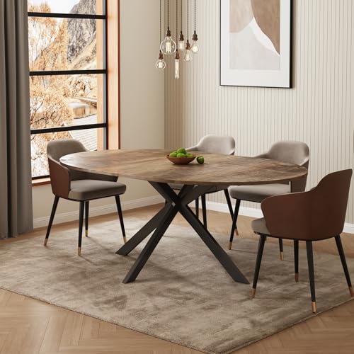 59-Inch Extendable Round Dining Table for Dining Room, 4-6 People Large Expandable Kitchen Dinner Tables with Oval Wood Top and Industrial Metal Frame for Dinner Room, Small Space, Black Brown Epecoya