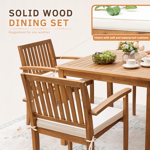 Greesum 5 Piece Patio Dining Set Outdoor Solid Wood Furniture for Yard, Garden, Porch w/Square Tabletop & 4 Chairs, White Greesum