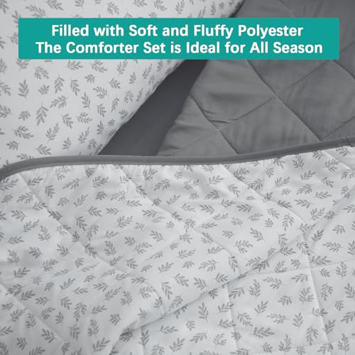 Biloban 4 Piece Toddler Bedding Set,Ultra Soft and Breathable Crib Bedding Set,Includes Quilted Comforter,Fitted Sheet,Flat Top Sheet and Envelope Pillowcase for Boys and Girls,Grey & Leaf Biloban