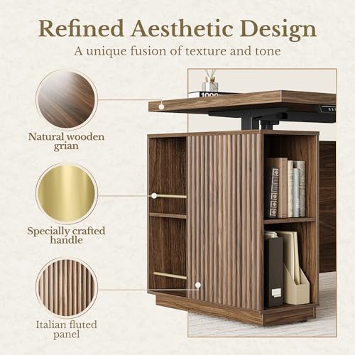 Perledesign 70" Standing Desk with Storage, Executive Electric Height Adjustable Stand Up Desk with AC/USB, Privacy Panel, Large One-Piece Destop, Fluted Computer Desk, Black Walnut Perledesign