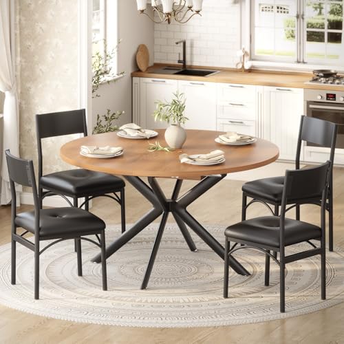 Itaar Round Extendable Dining Table Set for 4-6, Wood Kitchen Table with Upholstered Chairs, Dining Room Table for 6 with MDF Board & Metal Frame for Small Space, Easy Clean, Brown Itaar