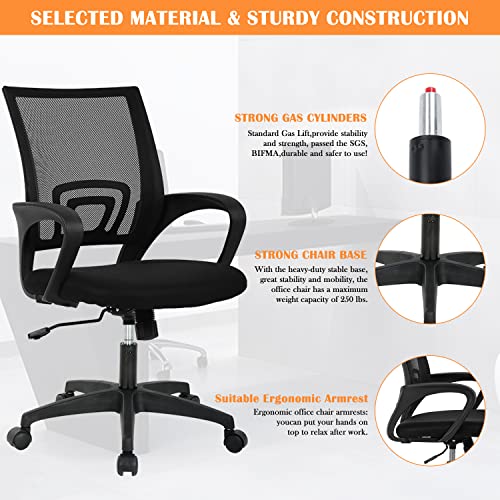 Mesh Computer Chair Home Office Chair Ergonomic Desk Chair with Lumbar Support& Armrest, Adjustable Mid Back Task Chair Rolling Swivel Executive Chairs for Adults, Black YIQIEDEY