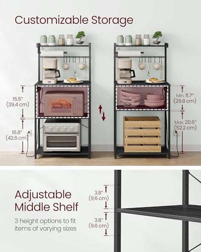 VASAGLE Kitchen Bakers Rack with Power Outlet, Coffee Bar 4-Tier with 8 S Hooks, Microwave Stand, Adjustable Shelf, for Small Spaces, Charcoal Gray and Ink Black UKKS014B01V1