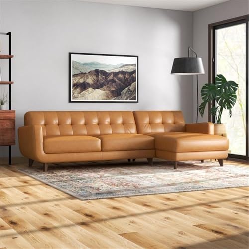 ASHCROFT Elva Mid Century L-Shaped Genuine Leather Right Facing Chaise Sectional, Light Brown Tufted Tight Back Sectional Sofa for Living Room Waiting Area Office Apartment Dorm Home, Tan ASHCROFT