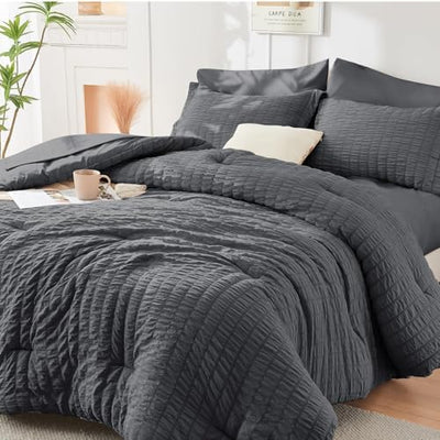 HYMOKEGE 7 Piece King Size Comforter Set Seersucker, All Season Luxury Bed in a Bag for Bedroom, Bedding Set with Comforters, Sheets, Pillowcases & Shams, Dark Grey