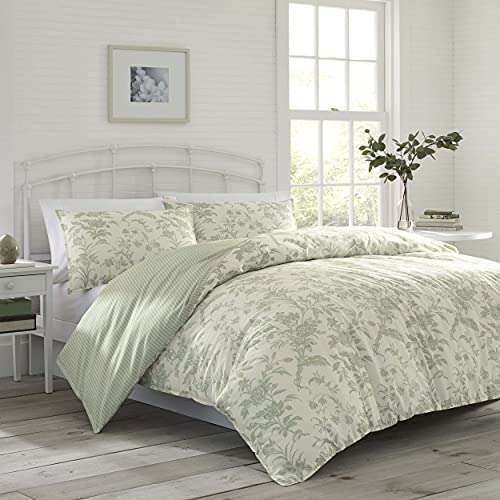 Laura Ashley Home - King Duvet Cover Set, Reversible Cotton Bedding, Includes Matching Shams with Bonus Euro Shams & Throw Pillows (Natalie Green, King) Laura Ashley