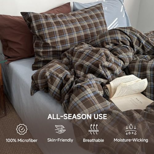 Erwinmu Plaid Duvet Cover Set Twin Size,Brown Blue Gingham Patterned Bedding Set for Girls Boys,Modern Soft Breathable Microfiber Comforter Cover 2 Pieces with Zipper Closure and 1 Pillow Sham Erwinmu