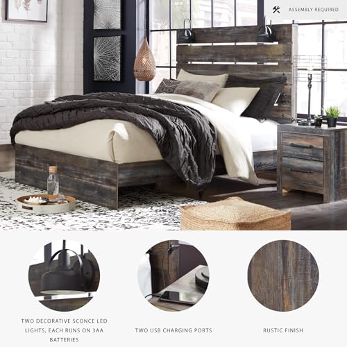 Signature Design by Ashley Drystan Rustic Queen Panel Bed, Sconce LED Lights, USB Ports and Nailheads, Foundation or Box Spring Needed, Dark Brown & Gray Signature Design by Ashley