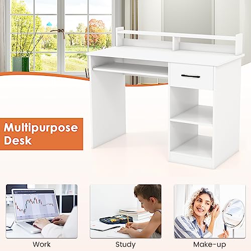 IFANNY Computer Desk with Drawers, Study Table with Storage Shelves, Keyboard Tray, Power Outlet, Wood Makeup Vanity Table, Small Desk for Bedroom, Study, Living Room, Home Office (White, 35.5''H) IFANNY