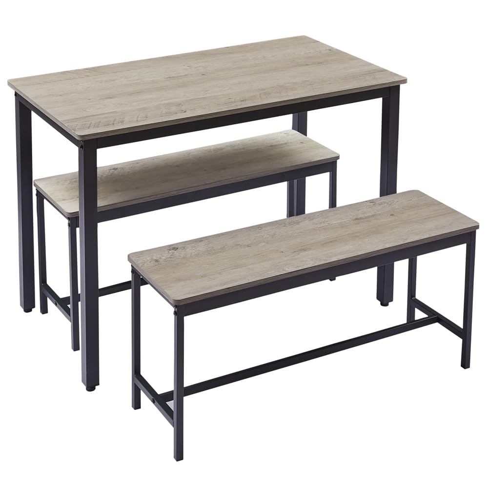 HomJoones 43.3in 3-Piece Bench Style Dining Furniture Set, 4-Person Space-Saving Dinette for Kitchen, Dining Room w/ 2 Benches, Table (Grey) HomJoones