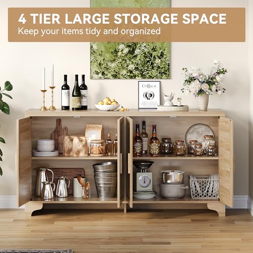 Garvee Natural Rattan Storage Cabinet with Shelves, 4-Door Sideboard Buffet Cabinet, Boho TV Stand Console Table for Living Room, Entryway, Dinning Room Garvee