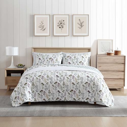 Eddie Bauer - Twin Quilt Set, Reversible Cotton Bedding with Matching Sham, Classic Floral Home Decor with Plaid Reverse (Flower Field Green, Twin) Eddie Bauer