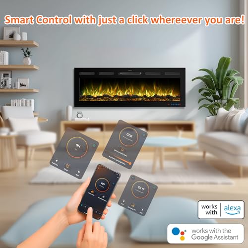60" Infrared Smart Electric Fireplace Alexa/Google Compatible, Remote& App Control Multicolor Flame w/Dimmer, Wall-Mounted& Recessed WiFi Enabled Fireplace Heater w/Crackling Sound& Thermostat, 1500W Dreamflame
