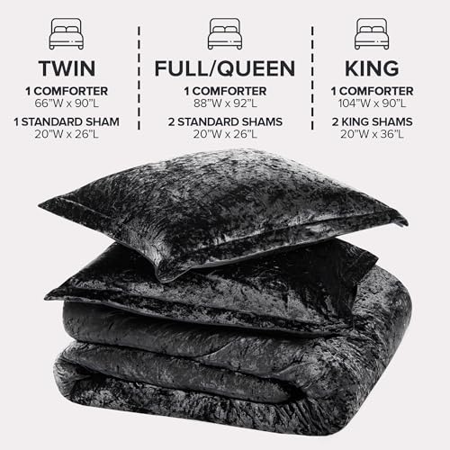 Comfort Spaces Juliette Luxe Comforter Set Velvet Lush with Soft Brushed Microfiber Reverse, All Season Cozy Velvet Bedding Sets, Fluffy Comforter Bed Set, Matching Sham, Black King 3 Piece Comfort Spaces