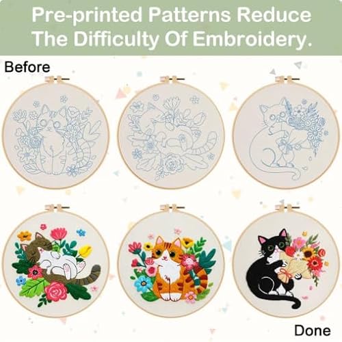 Nuberlic Cat Embroidery Kit for Adults Beginners - 3 Pre-Printed Animal Patterns, Adults Starter Cross Stitch Kit DIY Needlepoint