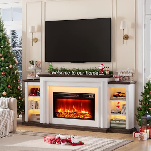 80" LED Electric Fireplace with Mantel, Fireplace TV Stands for 90 Inch TV, Modern Entertainment Center with Storage, Delicate Three-Dimensional Molding with Remote Control for Living Room J-yaamiZz