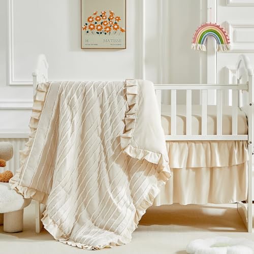 3 Pieces Tufted Stripes Crib Bedding Set with Ruffle Fringe, Beige Ruffled Comforter with Fitted Sheet and Bed Skirt , Soft and Embroidery Shabby Chic Boho Bohemian Jacquard Design for Baby Girls Boys Flysheep