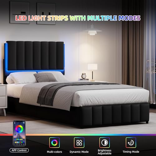 REVOMINCA Twin Upholstered Bed Frame with LED Lights, Faux Leather Platform Bed with Headboard and Wooden Slats Support, No Box Spring Needed, Noise-Free, Easy Assembly, Black REVOMINCA