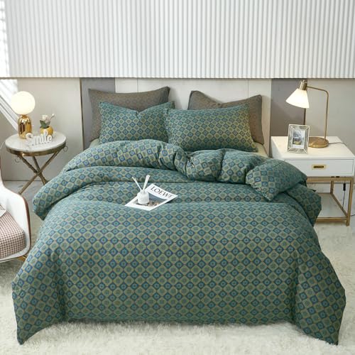 VM VOUGEMARKET Linen Cotton Duvet Cover Queen,3 Pcs Yarn-Dyed Textured Duvet Cover Set Green Flower Geometric Bedding Set,Ultra Soft and Breathable Comforter Cover Set VM VOUGEMARKET