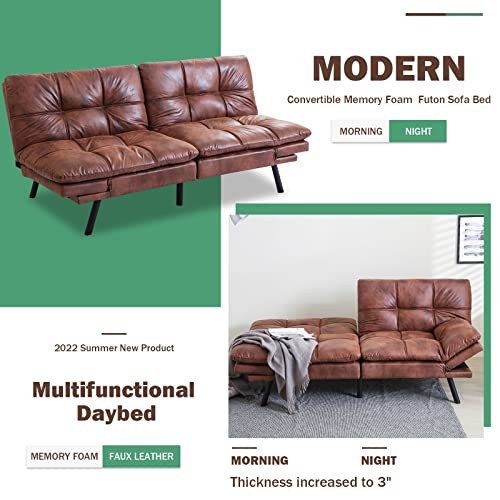 Vyfipt Futon Sofa Bed/Couch, Memory Foam Small Splitback Sofa for Living Room,Modern Loveseat with Covertible Armrests,Faux Leather/Cushion Thicker Version(Brown) Vyfipt