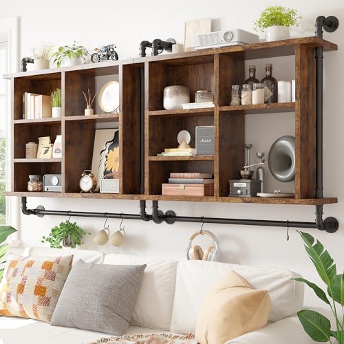 REIBII Led Floating Shelves for Wall 37" Kitchen Shelves for Wall Storage Industrial Pipe Shelving with 8 S-Hook Wood Wall Mounted Shelves for Bathroom Wall Wine Coffee Bar Rack Living Room Deco REIBII