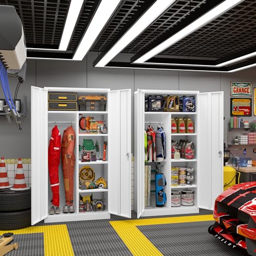 Greenvelly Metal Storage Wardrobe Cabinet with Lock Doors, 72" White Metal Freestanding Wardrobe Closet Locker with Doors and Shelves,Clothing Coat Steel Storage Locker for Office,Home,School,Gym Greenvelly