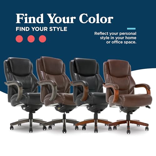 La-Z-Boy Delano Big & Tall Executive Office Chair, Ergonomic Mid-Back Body Pillow Lumbar Support, ComfortCore Memory Foam Cushion, Mahogany Wood Arms & Swivel Base, Bonded Leather, Chestnut Brown La-Z-Boy