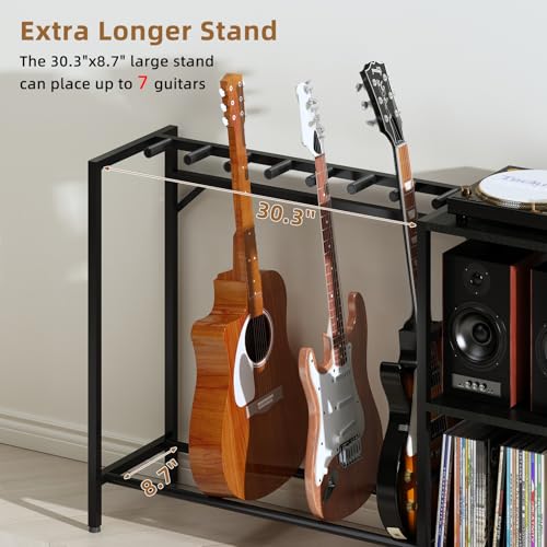 ZHNSYDN Record Player Stand with Guitar Stand, Record Player Table with Guitar Rack, Guitar Holder 7 Space for Multiple Guitars, Bass, Acoustic, Guitar Display for Home Music Studio, Black ZHNSYDN