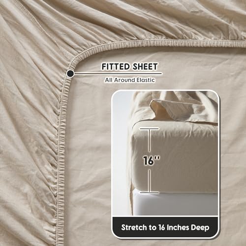 SONORO KATE 100% French Pure Linen Queen Size Sheets, Breathable and Durable Linen Bed Sheets, Anti-Tear, Machine Washable, 16 Inch Deep Pocket - 4 Piece (Natural Linen) SONORO KATE