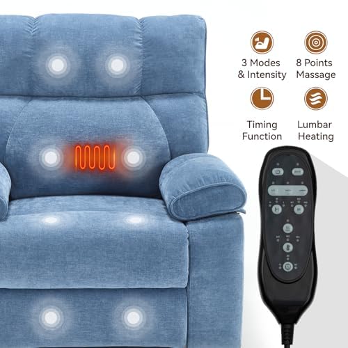 Trygoal Dual Motor Power Lift Recliner Chair, 8 Positions Vibration Massage Recliner Chair, Chenille Fabric Recliner with Cup Holder, Vibration Massage and Lumbar Heating for Adults and Elderly, Blue Trygoal
