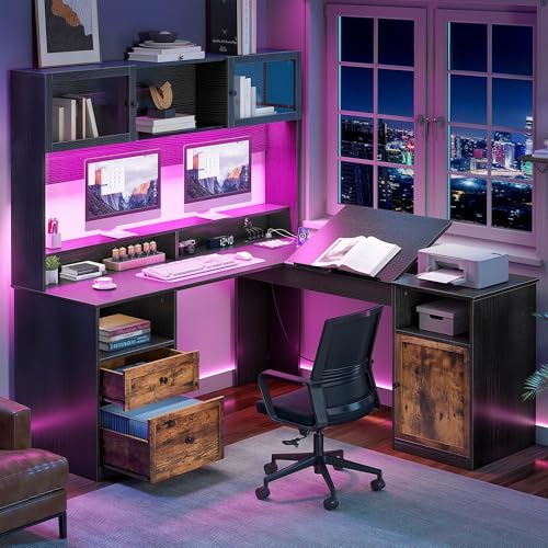 YITAHOME L Shaped Desk with Drawers & Hutch, 61" Computer Desk with Power Outlets & LED Lights, Corner Office Desk with Storage Cabinet, Drafting Table, Wood Desk, Black & Rustic Brown YITAHOME