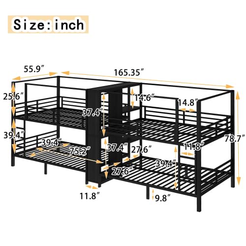 Full Size Quadruple Metal Bunk Bed with Wardrobe & Storage Shelves, Quadruple Metal Bunk Bed Frame with Noise-Reduced Design (Black/Full) MERITLINE