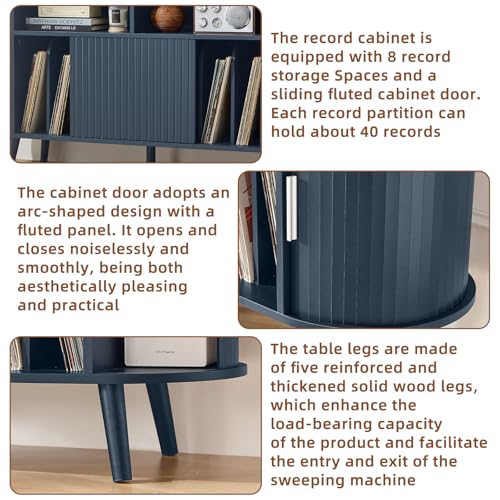 LELELINKY Large Round Record Player Stand with Charging Station & Fluted Panel, Blue Mid Century Modern Turntable Cabinet with Vinyl Storage, Arched Wood Record Player Table for Living Room LELELINKY