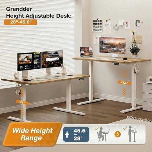 Grandder 55x32 Large Electric Standing Desk, Height Adjustable Computer Desk with 2 Memory Presets, 31.5" Deep Desktop Sit Stand Desk Home Office Desk Workstation Table with Hooks, Oak Grandder
